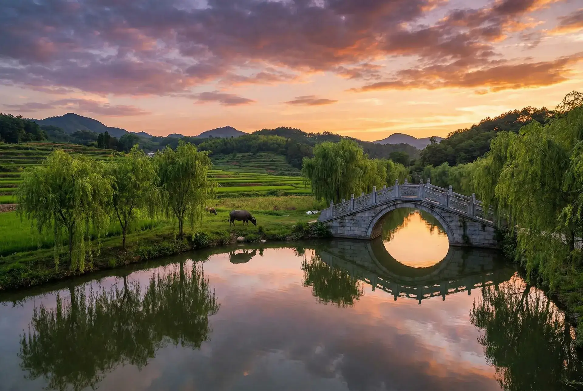 夕阳下的石拱桥与垂柳，水牛在河边吃草 - 吉吉电影网 乡村美景